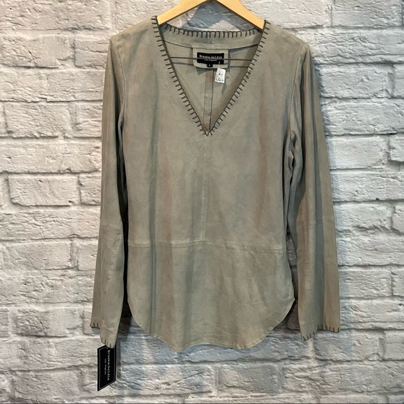 NWT Brooke & Goldie Women’s Large Goat Leather Light Grey V-Neck Long Sleeve Top - Picture 1 of 13